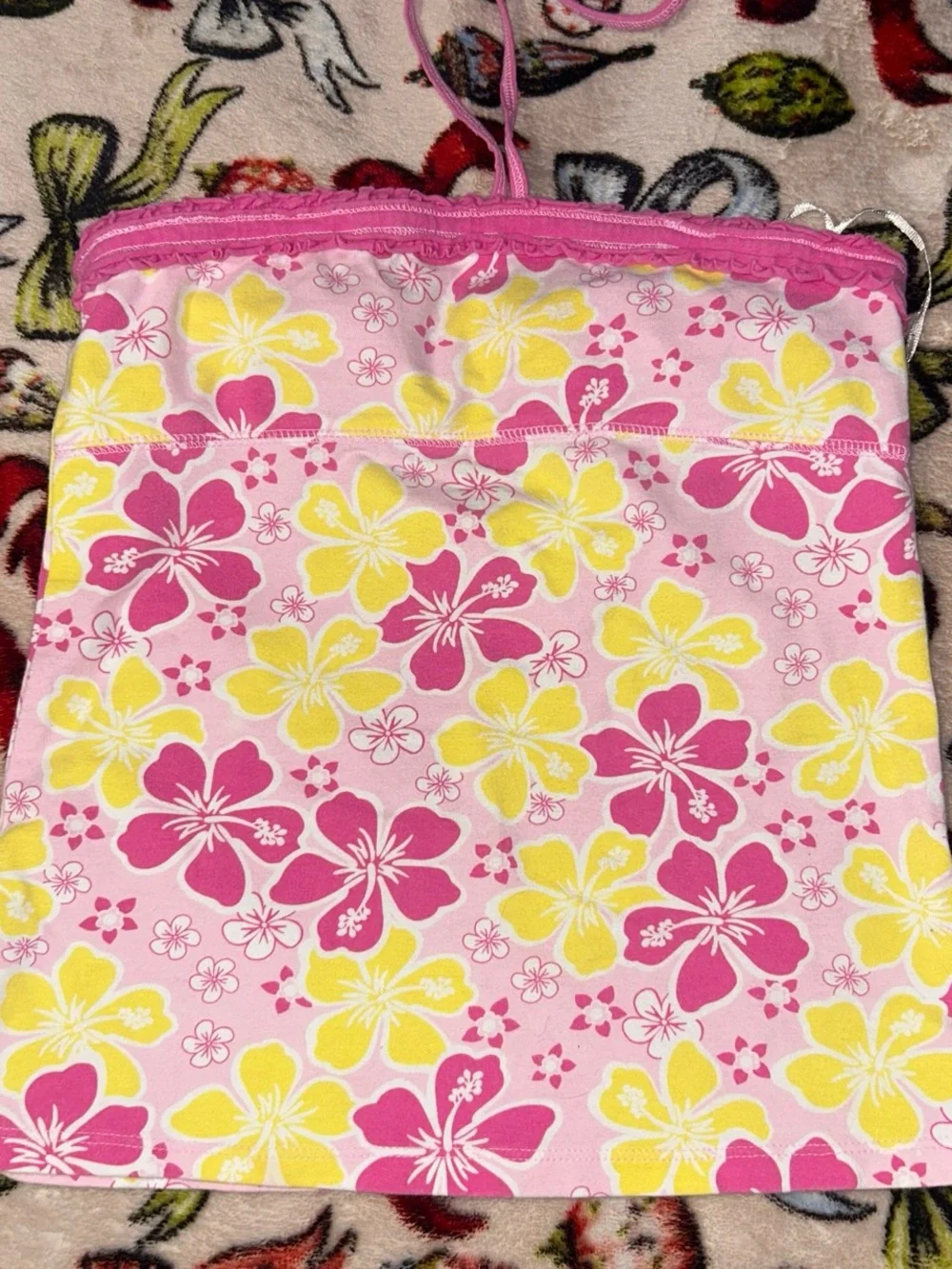 Justice Pink and Yellow Floral Strapless Top with Tie